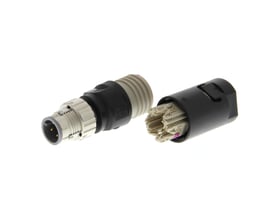 ICD mandlig M12 sensor konnektor med 4 ben, 4P, hvid isolering og grå PVC-kappe.