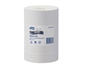 Hvid rulle Tork Aftørringspapir Plus Mini, 2-lags Advanced 420 til M1-dispensere, med produktetiket på forsiden.