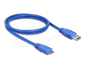 Blåt Delock USB-kabel på hvid baggrund med Type-A-hanstik og Micro-B-hanstik, USB 5 Gbps og 1 meter.