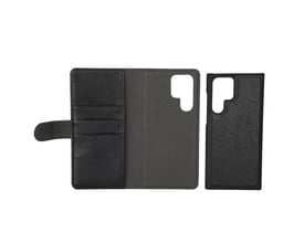 Samsung Galaxy S22 Ultra PU wallet cover, vist åbent med plads til tre kort og det aftagelige, sorte cover.