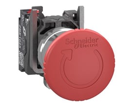 Schneider Electric nødstop, rød Ø40 mm padde med drejefunktion og push-in fjederklemme-tilslutning.