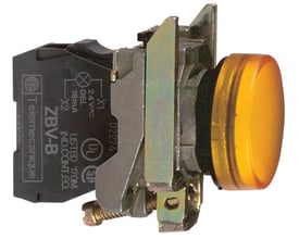 Detaljebillede af Schneider Electric signallampe med orange linse og mærkat med specifikationer som 24V og ZBV-B, monteret på en holder.