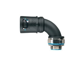 Sort Thomas & Betts Adaptalok ATS 90° albuefitting til 21 mm rør med drejeligt M20-gevind og blå ring.