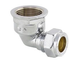 Conex 15 mm kompressionsvinkel i forkromet messing med 1/2" gevind, 90 graders bøjning og KIWA godkendelse.