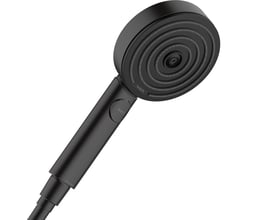 Hansgrohe Pulsify Select 105 håndbruser i mat sort, vist med fokus på Select-knappen og den runde bruserplade.