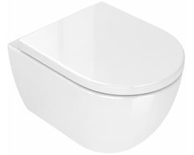Hvidt, kompakt COBA hængetoiletsæt på 49 x 36 cm med lukket toiletsæde, set skråt ovenfra.