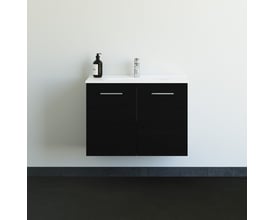 Dansani Mido mini møbelpakke i sort med to låger, Amber Mini håndvask og krom armatur, monteret på hvid væg.