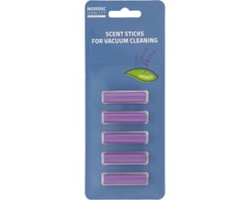 Nordic Quality duftpinde til støvsugning med lavendelduft, fem violette pinde i original emballage på blå baggrund.