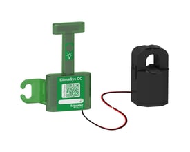 Schneider Electric ClimaSys CC ventilator sensor i grøn med en sort strømmåler og en LED-indikator.