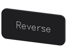 Siemens mærkningsplade 12.5x27mm med hvid 'Reverse' tekst på sort baggrund, ideel til labelholdere.