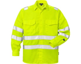 Fristads arbejdsskjorte 124176 i hi-vis gul, størrelse 4XL, med reflekser på ærmer, skuldre og bryst.