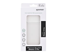 Emballage til et transparent Essentials TPU-cover til iPhone 17 Pro med coveret synligt gennem frontvinduet.