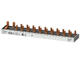Siemens SENTRON 5ST3 PIN samleskinne med 10mm² tilslutning, 12 moduler lange og skærbar, vist i grå og kobberfarve.