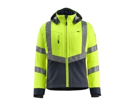 Mascot fluorescerende softshelljakke Blackp15502246 i gul og mørkeblå med reflekser og hætte, opfylder EN 20471 klasse 3 standard.