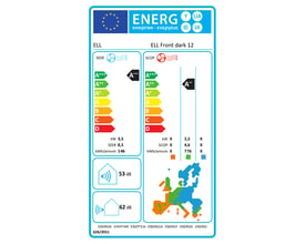 Energimærke for ELL Front varmepumpe, der viser energiklasse A++ for varme og A+++ for køling, samt SCOP og SEER værdier.