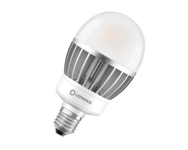 Ledvance HQL LED pære med E27 fatning, viser en detaljeret vinkel af køleprofilen og den matte glasskærm.