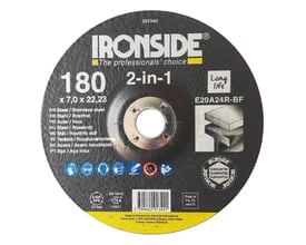 Ironside 2-in-1 skrubskive til stål og rustfrit stål, set forfra med sort og gul mærkning.