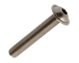En M6X12 ISO 7380 A2 button head skrue i rustfrit stål med flange og fuldt gevind på hvid baggrund.