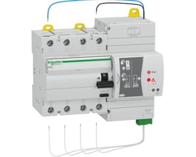 Schneider Electric PFI-afbryder REDs, 4P, 25A, 300mA, kl. A, med grøn og hvid krop og gulstik for tilslutning af kabel.