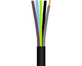 Sort PVC tilledning 5G0,75 mm², H05VV-F, med 50 meter på en kabelring og synlige indre ledere.