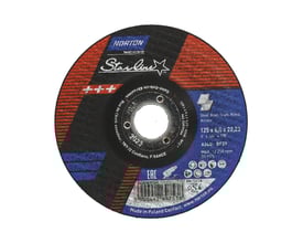 Norton Starline skrubskive 125x6,4 mm til stål og rustfrit stål med angivelse af specifikationer og sikkerhedssymboler.