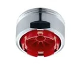 NEOPERL Neostrahl Clinic-perlator med rød indsats og M24x1-gevind, set nedefra med den røde åbning synlig.