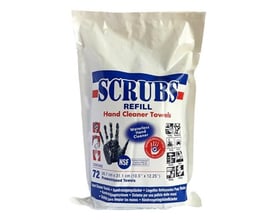 Nærbillede af Scrubs refill pose, der viser de 72 blå, imprægnerede håndrenseservietter og deres anvendelsesområder.