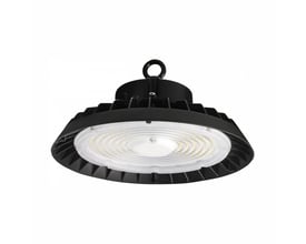 SpectrumLED Plateo 4 LED high bay-armatur på 200 W, sort rundt armatur set nedefra med LED-lysdioder og ophængsøje.