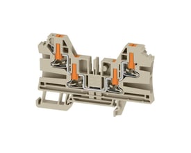 Detaljeret billede af Weidmüller AL4C 4 gennemgangsklemme i beige, fremhæver PUSH IN mekanismen og 4-polede design for 4mm² ledninger.