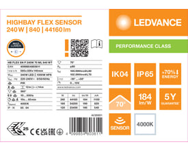 Produktetiket til Ledvance High Bay Flex Linear Sensor, hvidt high-bay-armatur med sensor og 240 W.
