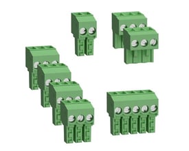 Flere grønne M172 07 I/O skrue terminal blokke fra Schneider Electric vises på en hvid baggrund, herunder enheder med to, tre og fem terminaler.