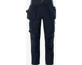 Fristads håndværkerbuks LWS 133443 i marineblå, 4-vejs stretch, med synlige funktionelle lommer og ripstop-forstærkninger.