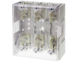 Siemens Sentron J 3-polet sikringsholder 400A 600V, med klar beskyttelseskappe og synlige sikringskontakter.