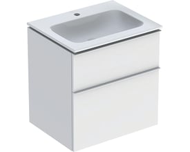 Geberit iCon møbelpakke, 60 cm bred, med to skuffer og mat hvid overflade, viser den integrerede håndvask.