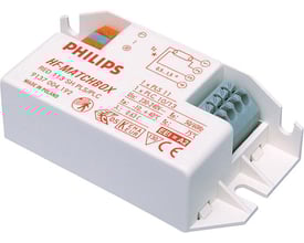 Philips HF-Matchbox Red 113 SH PLC/PLT forkobling med tydelig mærkning og grå terminalblok. Højfrekvensforkoblingen er hvid og kompakt med tekniske specifikationer trykt på siden.