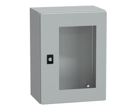 Schneider Electric CRN vægskab med glasdør og låsemekanisme, 400x300x200 mm, RAL7035, IP66.