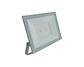 V-TAC 50W LED projektør med hvidt aluminiumshus og justerbar monteringsbeslag på hvid baggrund.