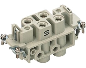 Bagfra set Harting HAN Com stikindsats med 4+2 poler, viser skrueterminaler og Harting logo.