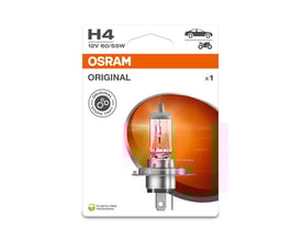 Osram ORIGINAL H4 forlygtepære med 12V 60/55W effekt og P43T sokkel, vist i sin emballage med markering for 'Actual Size'.