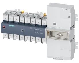 Siemens SENTRON 3KC automatisk overførselskoblingsudstyr 4-polet, 125A, vist med tydelige symboler og en drejeknap til valg af AUTO- eller manuel drift.