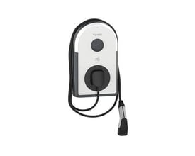 Schneider Electric EVlink Pro AC ladestander med fastmonteret Type 2 kabel og LED-statusindikator på hvid baggrund.