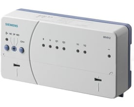 Siemens RRV912 varmekreds regulator, hvid med blå detaljer, der viser betjeningsknapper og lysdioder for to varmekredse.