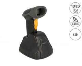 DeLock 2.4 GHz barcodescanner i sort plast med gul knap, placeret i sort ladestation med DeLock logo.