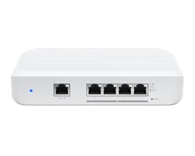 Ubiquiti Unifi Flex Switch XG med 4x 10GbE RJ45 porte og 1x GbE PoE input, hvid og kompakt design.