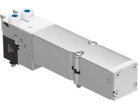 Festo VMPA2-M1H-K-PI magnetventil med sølvfarvet metalhus og sort el-modul med blå tilslutningsnipler.