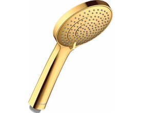Nærbillede af Duravit håndbruser med poleret guld finish, viser detaljer ved dyserne og ergonomisk greb.