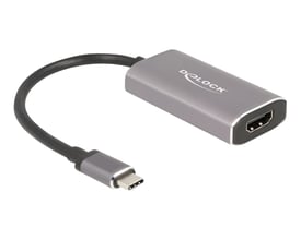 Delock USB-C til HDMI-adapter med kort sort kabel, USB-C-stik og HDMI-port i et sølvfarvet hus.