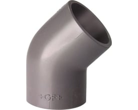Georg Fischer 45° PVC vinkel fitting med 75 mm diameter og muffe-tilslutning i mørkegrå.
