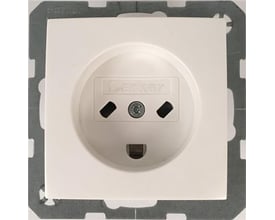 Berker stikkontakt med jord i hvid S./B. EDB design, vist forfra med tydelig Berker logo og monteringsramme.