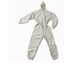 Bagfra af naturfarvet bomulds malerdragt i størrelse 2XL, viser den fulde beklædning med hætte og lynlås foran.